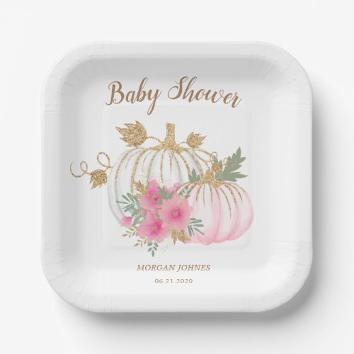 gold pumpkin pink floral baby shower monogram paper plates