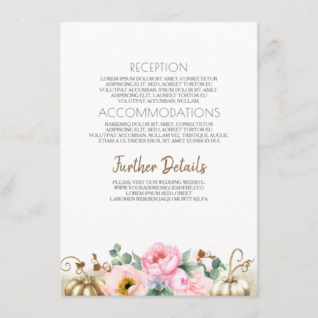 Gold Pumpkin Pink Floral Vase Wedding Information Enclosure Card (Front)