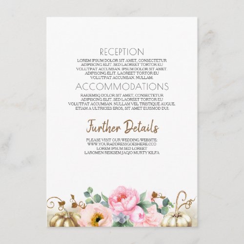 Gold Pumpkin Pink Floral Vase Wedding Information Enclosure Card