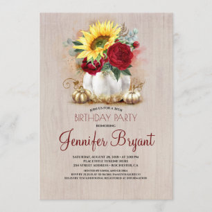 Gold Pumpkin Red Floral Vase Rustic Fall Birthday Invitation