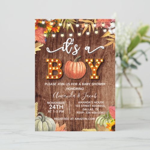 Gold Pumpkin Rustic Its A Boy Baby Shower Invitation