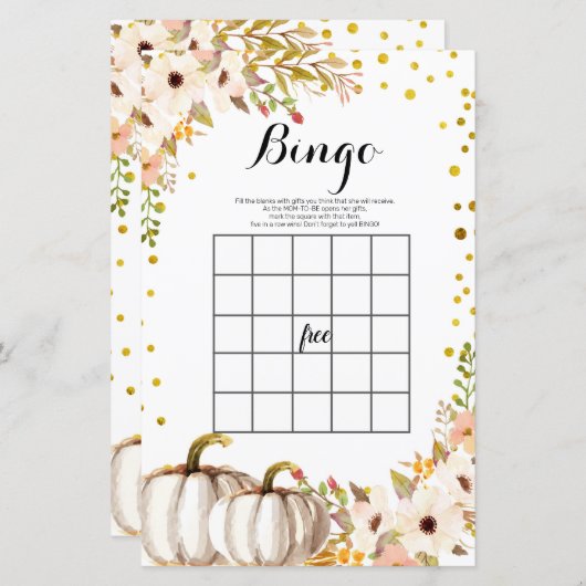 Gold pumpkin Watercolor Bingo Game (Front/Back)