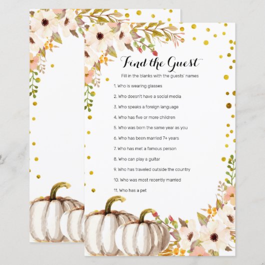 Gold pumpkin Watercolor Find the Guest game (Front/Back)