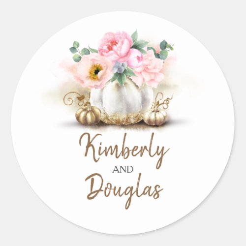 Gold Pumpkins and Blush Pink Flowers Fall Wedding Classic Round Sticker