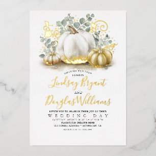 Gold Pumpkins and Eucalyptus Greenery Fall Wedding Foil Invitation
