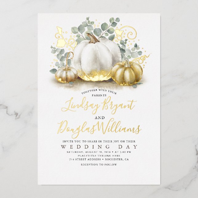 Gold Pumpkins and Eucalyptus Greenery Fall Wedding Foil Invitation (Front)