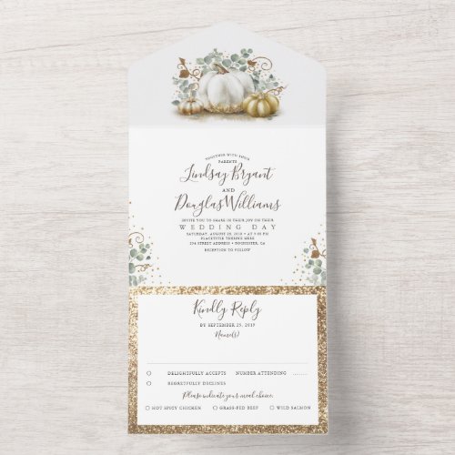 Gold Pumpkins and Eucalyptus Leaves Fall Wedding All In One Invitation