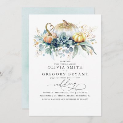 Gold Pumpkins and Succulents Greenery Fall Wedding Invitation