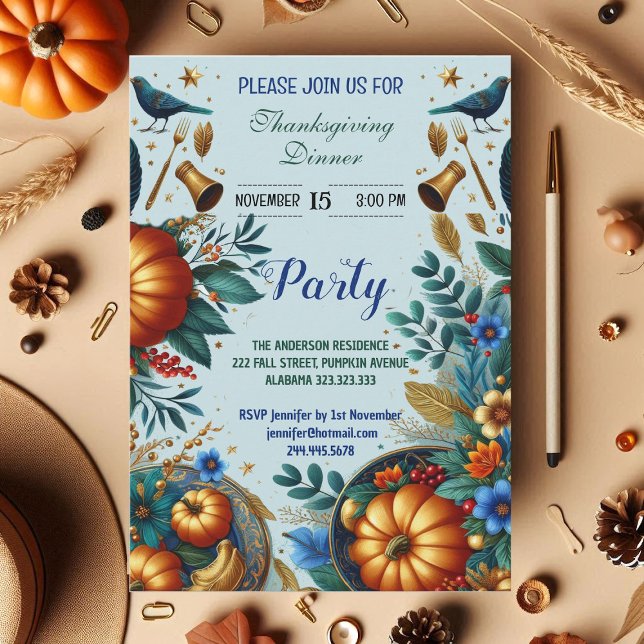 Gold Pumpkins Blue Bird Thanksgiving Dinner Party  Invitation (Gold Pumpkins Blue Bird Thanksgiving Dinner Party Invitation)