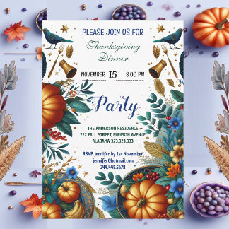 Gold Pumpkins Botanical Thanksgiving Dinner Party  Invitation