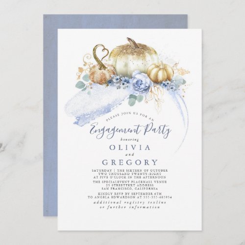 Gold Pumpkins Dusty Blue Fall Engagement Party Invitation