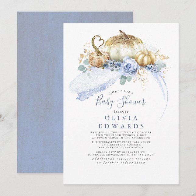 Gold Pumpkins Dusty Blue Floral Fall Baby Shower Invitation (Front/Back)