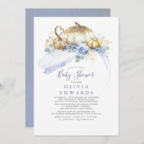 Gold Pumpkins Dusty Blue Floral Fall Baby Shower Invitation
