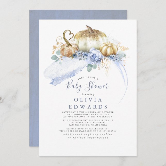 Gold Pumpkins Dusty Blue Floral Fall Baby Shower Invitation (Front/Back)