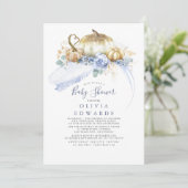 Gold Pumpkins Dusty Blue Floral Fall Baby Shower Invitation (Standing Front)
