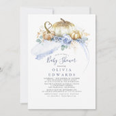 Gold Pumpkins Dusty Blue Floral Fall Baby Shower Invitation (Front)