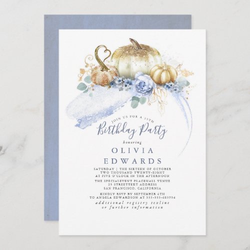 Gold Pumpkins Dusty Blue Floral Fall Birthday Invitation