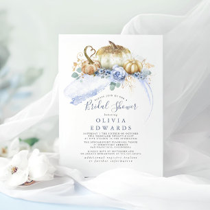 Gold Pumpkins Dusty Blue Floral Fall Bridal Shower Invitation