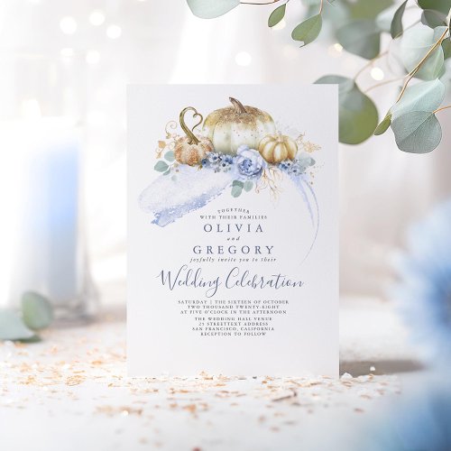 Gold Pumpkins Dusty Blue Floral Fall Wedding Invitation