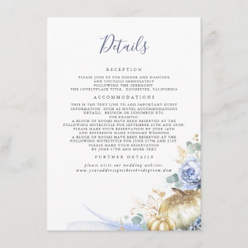 Gold Pumpkins Dusty Blue Floral Wedding Details Enclosure Card
