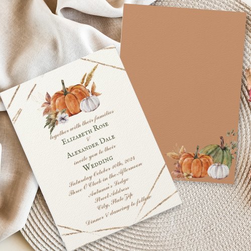 Gold Pumpkins Elegant Fall Wedding Geometric Invitation