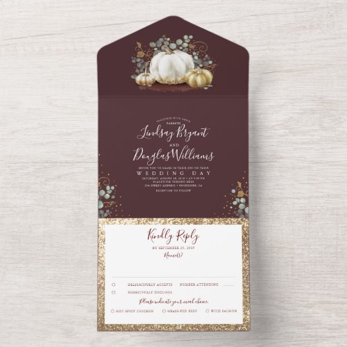 Gold Pumpkins Eucalyptus Fall Burgundy Red Wedding All In One Invitation