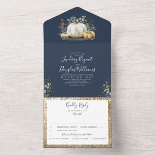 Gold Pumpkins Eucalyptus Fall Navy Blue Wedding All In One Invitation