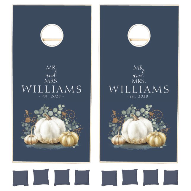 Gold Pumpkins Navy Blue Fall Harvest Cornhole Set (Set)