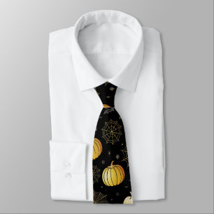 Gold Pumpkins & Webs – Seamless Halloween Pattern Neck Tie
