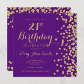Gold Purple 21st Birthday Faux Glitter Confetti Invitation (Front/Back)