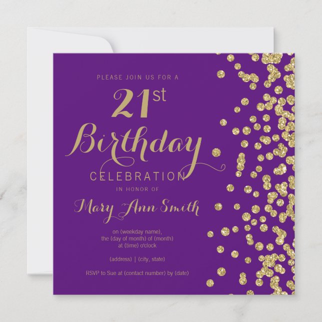 Gold Purple 21st Birthday Faux Glitter Confetti Invitation (Front)