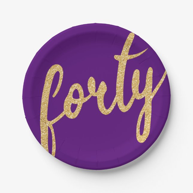 Gold Purple 40 Birthday Party Glitter "Forty" Paper Plates (Front)