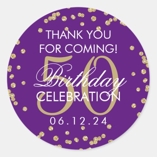 Gold Purple 50 Birthday Thank You Confetti Classic Round Sticker