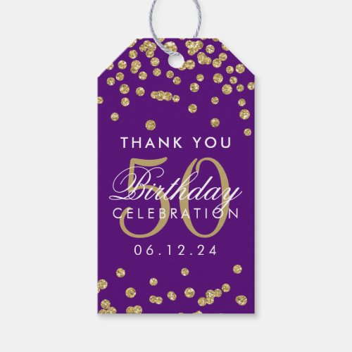 Gold Purple 50 Birthday Thank You Glitter Confetti Gift Tags
