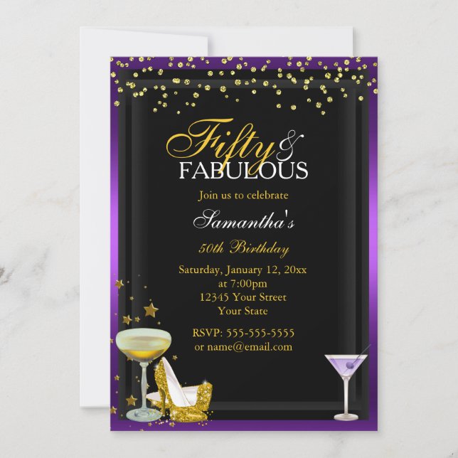 Gold & Purple 50 & Fabulous Birthday Invitation (Front)