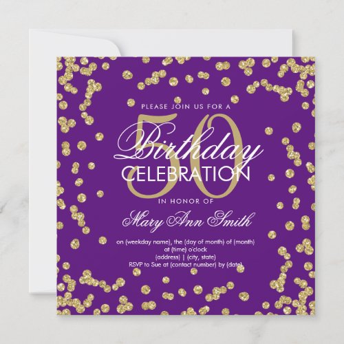 Gold Purple 50th Birthday Elegant Glitter Confetti Invitation
