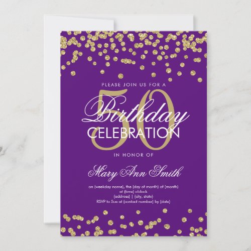 Gold Purple 50th Birthday Party Glitter Confetti Invitation