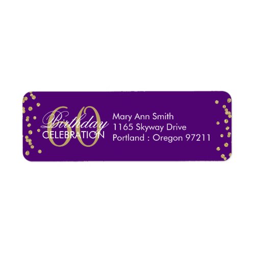 Gold Purple 60th Birthday Glitter Confetti Label