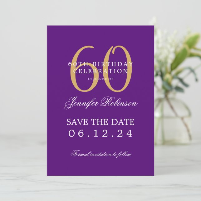 Gold Purple 60th Birthday Save Date w/ Details Invitation (Standing Front)