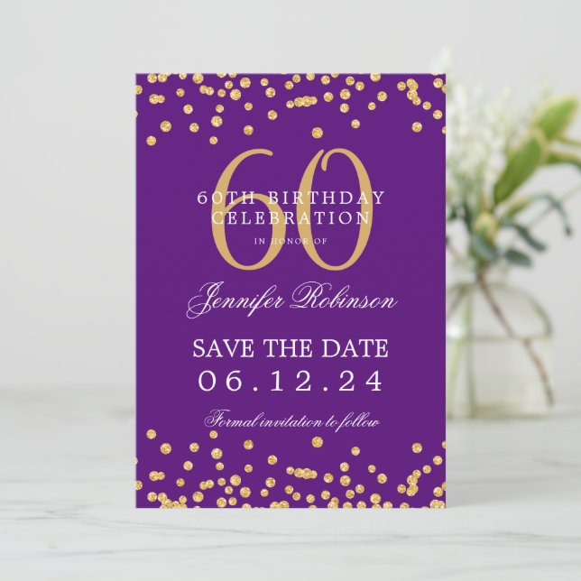 Gold Purple 60th Birthday Save the Date Details Invitation (Standing Front)