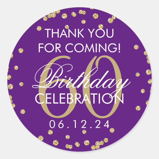 Gold Purple 60th Birthday Thank You Confetti Classic Round Sticker (Front)