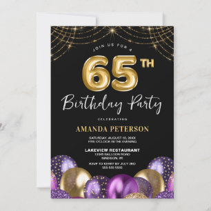 Gold Purple 65th Birthday Party Invitation