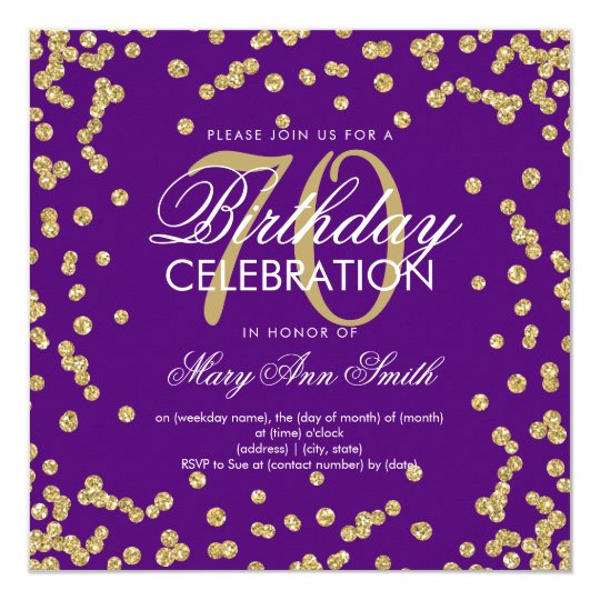 Gold Purple 70th Birthday Glitter Confetti Invitation 3581