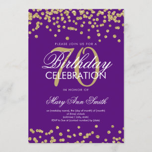 Gold Purple 70th Birthday Party Glitter Confetti Invitation