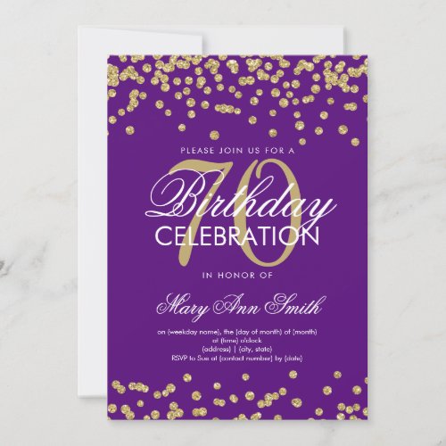 Gold Purple 70th Birthday Party Glitter Confetti Invitation