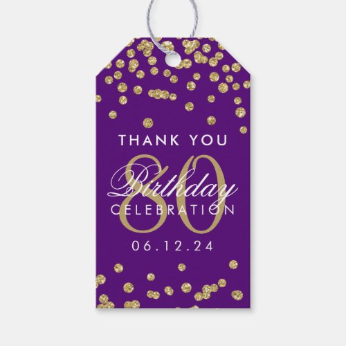 Gold Purple 80 Birthday Thank You Glitter Confetti Gift Tags