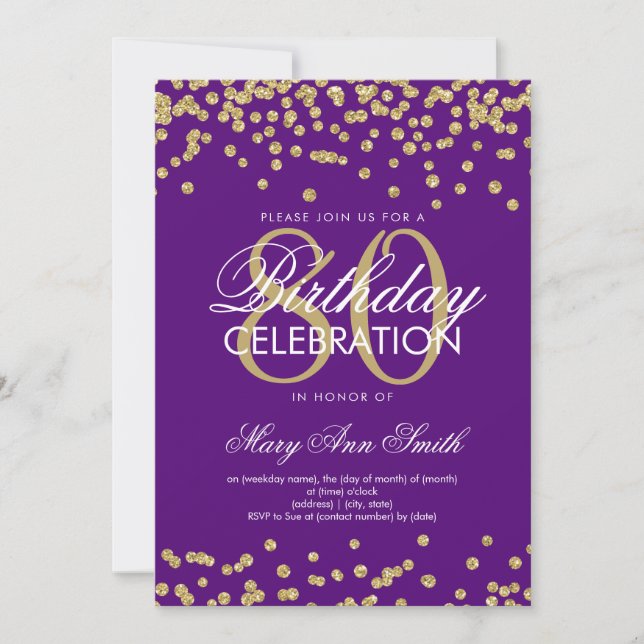 Gold Purple 80th Birthday Party Glitter Confetti Invitation (Front)