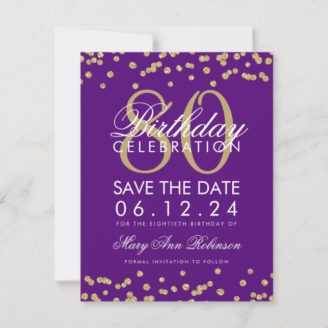 Gold Purple 80th Birthday Save Date Confetti Save The Date (Front)