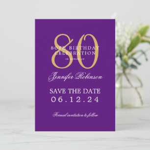 Gold Purple 80th Birthday Save the Date Details Invitation