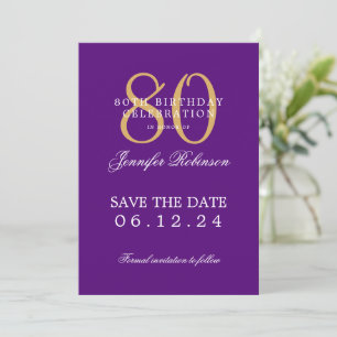 Gold Purple 80th Birthday Save the Date Invitation